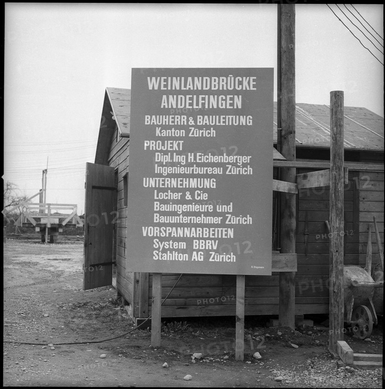 Weinland bridge under construction, Construction site sign; 1956.