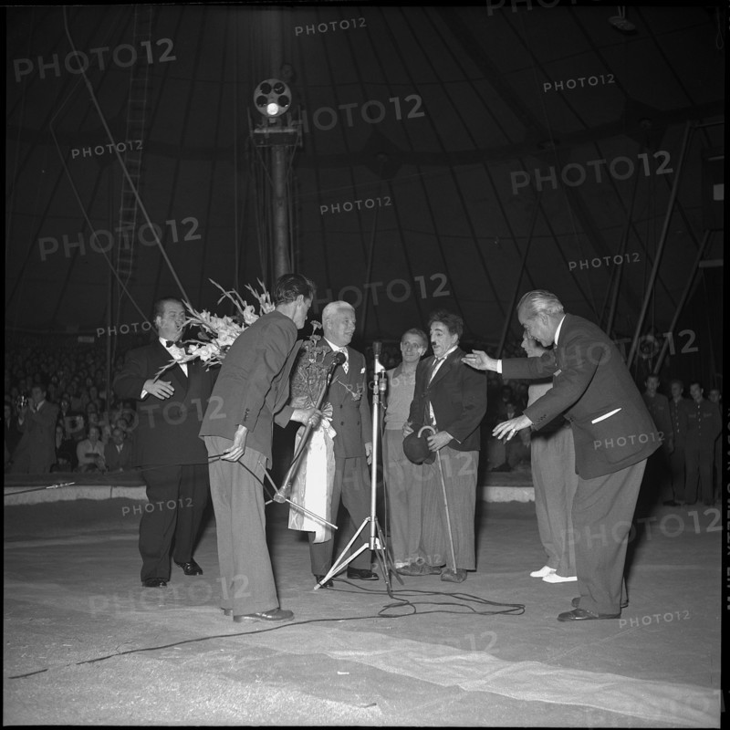Charles Chaplin with his double Charlot at Circus Knie, 1954.