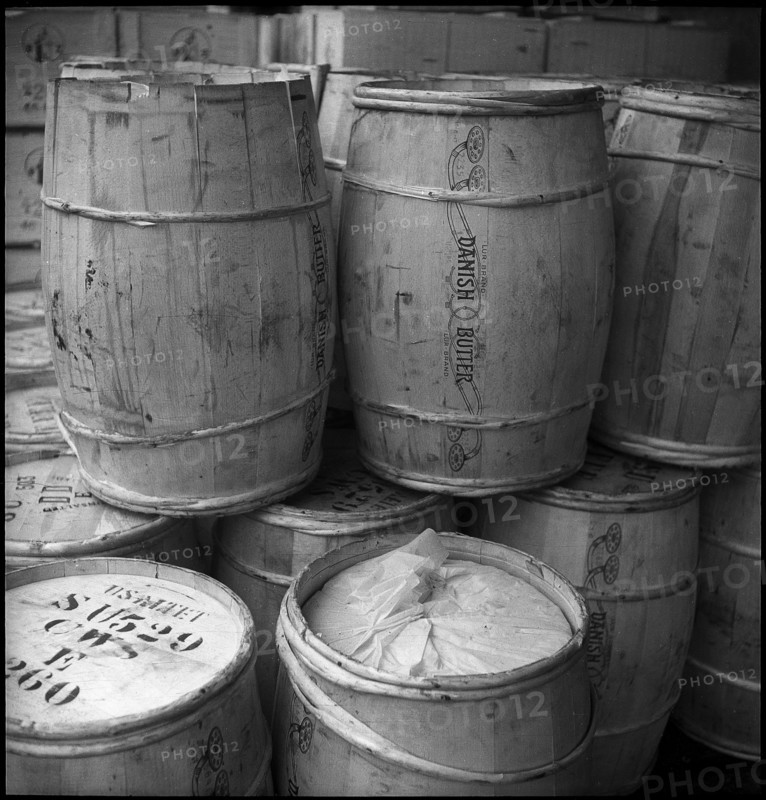 Barrels of Danish butter in cold store Lucerne 1947.