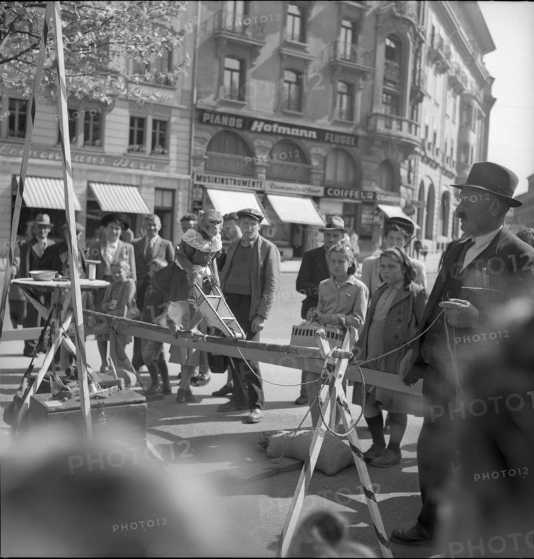 Tamer with monkeys: fair on Schützenmatte, Berne 1949.