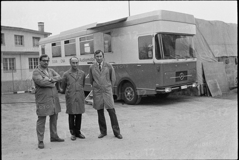 Mobile hearing test, crew and bus 1972.