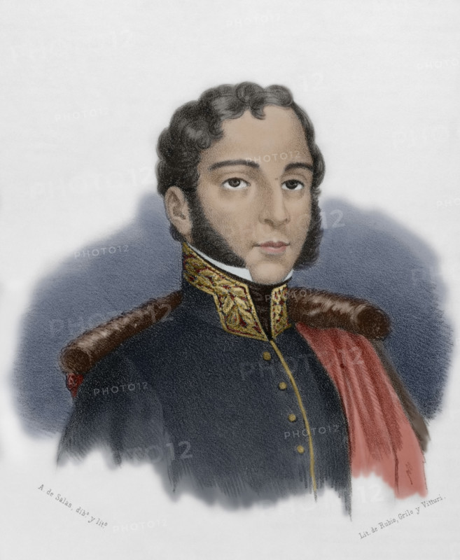 Juan Lopez Pinto (1788-1831). Spanish military officer born in Cartagena, member of the Artillery Corps. He took part in the Peninsular War. Shot with General Torrijos on the beach in Malaga. Portrait. Drawing by A. de Salas. Lithography. Later colouration. ""Cronica General de Espana, Historia Ilustrada y Descriptiva de sus Provincias. Andalucia"", 1869.