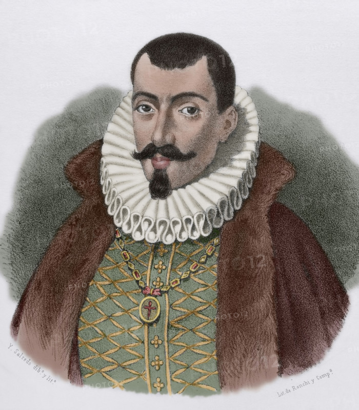 Francisco de Sandoval y Rojas (Francisco Gomez de Sandoval-Rojas y Borja) (1553-1625). Spanish nobleman. 1st Duke of Lerma, 5th Marquess of Denia and 1st Count of Ampudia. Favourite of king Philip III of Spain. Portrait. Drawing by Salcedo. Lithography. Later colouration. Cronica General de Espana, Historia Ilustrada y Descriptiva de sus Provincias. Castilla-La Nueva, 1869.