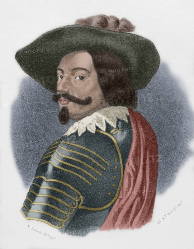 Gaspar de Guzman y Pimentel (Gaspar de Guzman y Pimentel Rivera y Velasco de Tovar). Count-Duke of Olivares (1587-1645). Spanish nobleman and politician, 3rd Count of Olivares, favourite of king Philip IV of Spain. Portrait. Drawing by Salcedo. Lithography. Later colouration. Cronica General de Espana, Historia Ilustrada y Descriptiva de sus Provincias. Castilla-La Nueva, 1869.