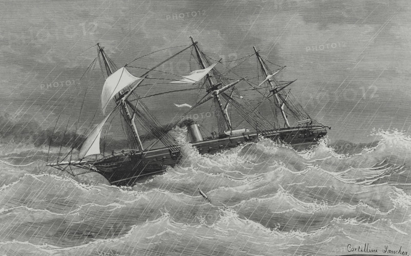 “Navas de Tolosa” (1866). Propeller frigate of 1st class of the Spanish Navy, wooden hull and mixed steam and sail propulsion. It was built in the Arsenal de la Carraca in Cadiz (Spain), being launched on May 10, 1865 and entering service in March 1866. Crossing of the war frigate “Navas de Tolosa” to the Pacific ports. The ship sailing under a hurricane on October 26, 1882, in waters of the Atlantic Ocean, off Bermuda. Drawing by Cortellini Sanchez. Engraving by Capuz. La Ilustracion Espanola y Americana (The Spanish and American Illustration), 1883.