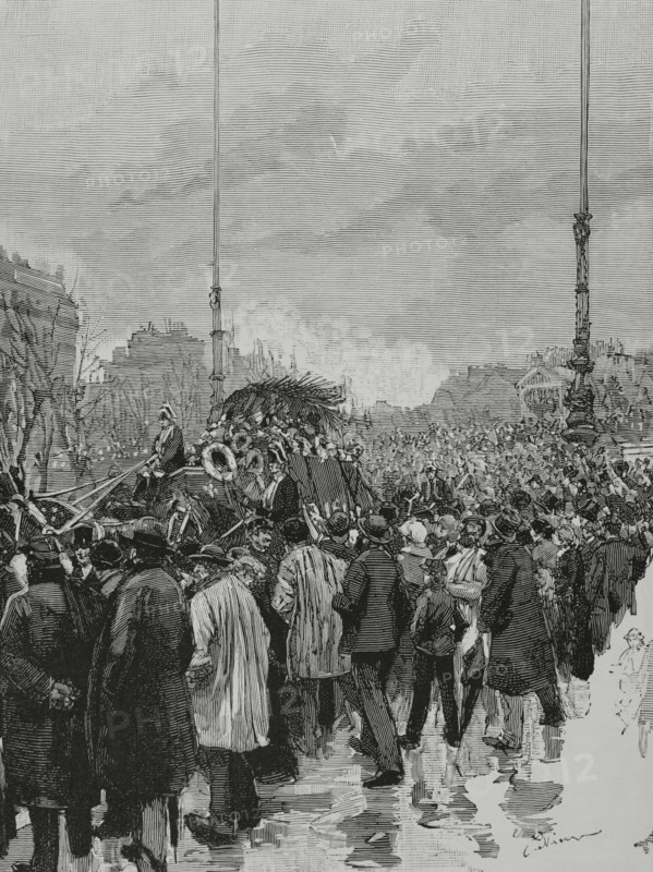 Leon Gambetta (1838-1882). French statesman, one of the founders of the Third Republic. Gambetta's funeral in Paris, January 6, 1883. Passage of the funeral procession on the Place de la Republique, during the moving of the mortal remains from the Palais Bourbon to the Pere Lachaise Cemetery. Drawing by Pellicer. Engraving by Rico. La Ilustracion Espanola y Americana (The Spanish and American Illustration), 1883.