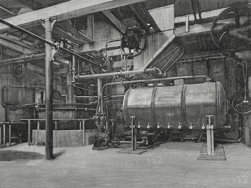History of Spain. Barcelona, Catalonia. Industrial alcohols factory of Folch, Albinana y Compania. In 1874, Joaquim Folch i Solà and Frederic Albinana i Vila, founded the company Folch, Albinana y Cia. for the cereal trade. Both partners visited the main European factories to establish an alcohol distillery in Barcelona, building it at the Passeig del Cementiri (now Doctor Aiguader street). The machinery was of German origin, being installed under the direction of the engineer M.P. Kyll, from Cologne (Germany). It was inaugurated in 1883. There was a malting plant, with warehouses that could store up to one and a half million kilos of corn and barley, a building for the brewing and saccharification process, fermentation cellars and a building for distillation. View of the factory's machinery and equipment hall. Engraving. La Ilustracion Espanola y Americana (The Spanish and American Illustration), 1883.