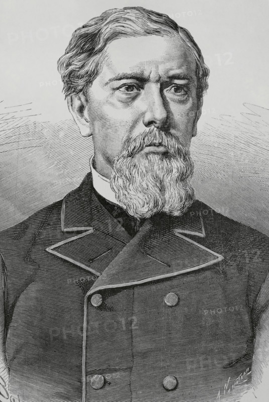 Antonio Lopez y Lopez (Antonio Victor Lopez Lopez de Lamadrid) (1817-1883), 1st Marquess of Comillas. Spanish businessman and banker. President of the Compania Trasatlantica Espanola (""La Trasatlantica""). Portrait. Drawing by Badillo. Engraving by Arturo Carretero (1852-1903). La Ilustracion Espanola y Americana (The Spanish and American Illustration), 1883.