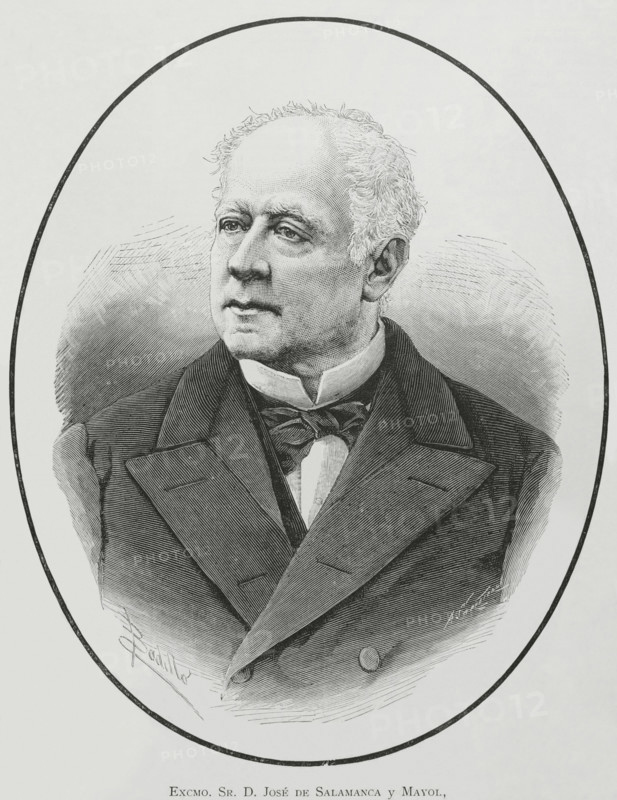 Jose de Salamanca y Mayol (1811-1883), 1st Marquess of Salamanca and 1st Count of los Llanos. Spanish aristocrat, businessman and politician. Promoter of the first Spanish railway lines. Portrait. Drawing by Badillo. Engraving by Arturo Carretero (1852-1903). La Ilustracion Espanola y Americana (The Spanish and American Illustration), 1883.