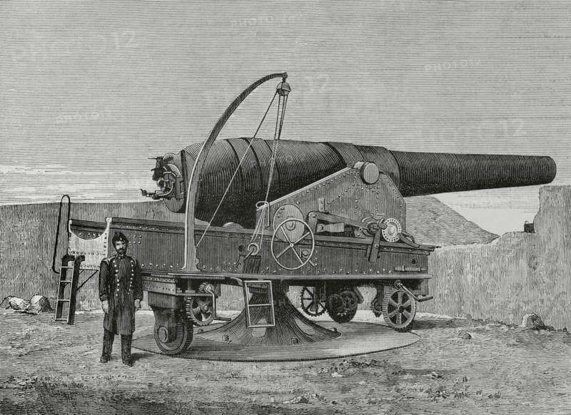 Armstrong 30.5 cm gun, mounted on la Soledad Bulwark. Cadiz, Andalusia, Spain. Engraving. La Ilustracion Espanola y Americana (The Spanish and American Illustration), 1883.