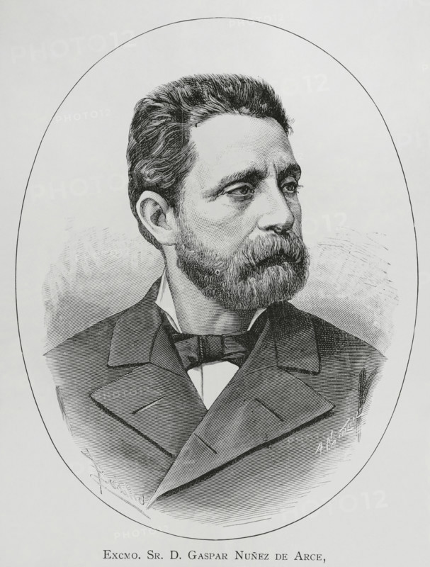 Gaspar Nunez de Arce (1832-1903). Spanish poet and politician. He took an active part in the Glorious Revolution of September 1868 to dethrone Isabella II. Minister of Overseas in 1883 in the government presided over by Sagasta. Portrait. Drawing by Badillo. Engraving by Arturo Carretero (1852-1903). La Ilustracion Espanola y Americana (The Spanish and American Illustration), 1883.