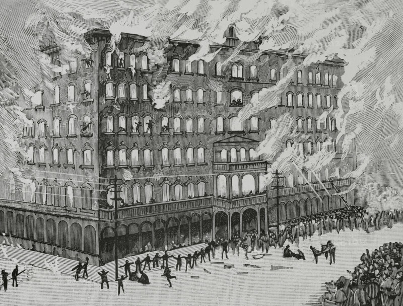 Milwaukee, Wisconsin, United States. Newhall House Hotel Fire. Hotel built in 1856 by merchant Daniel Newhall. In the early hours of 10 January 1883, fire broke out in the elevator shaft and raced upward through the entire building before guests could escape. The hotel register was destroyed, so it is not known exactly how many people were staying that night. At least seventy-six bodies were pulled from the charred remains over the next few days. Engraving. La Ilustracion Espanola y Americana (The Spanish and American Illustration), 1883.