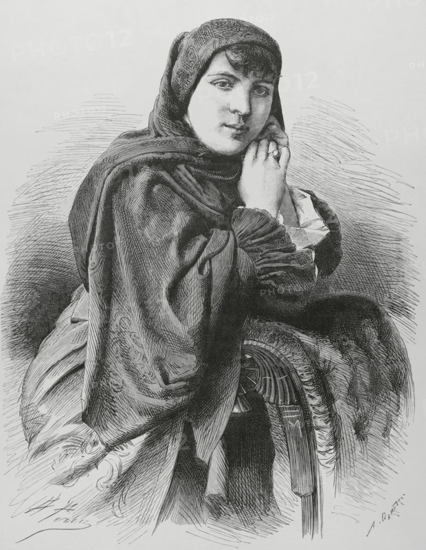 Chilean lady wearing dress for church. Drawing by Alfredo Perea. Engraving by Arturo Carretero (1852-1903). La Ilustracion Espanola y Americana (The Spanish and American Illustration), 1883.