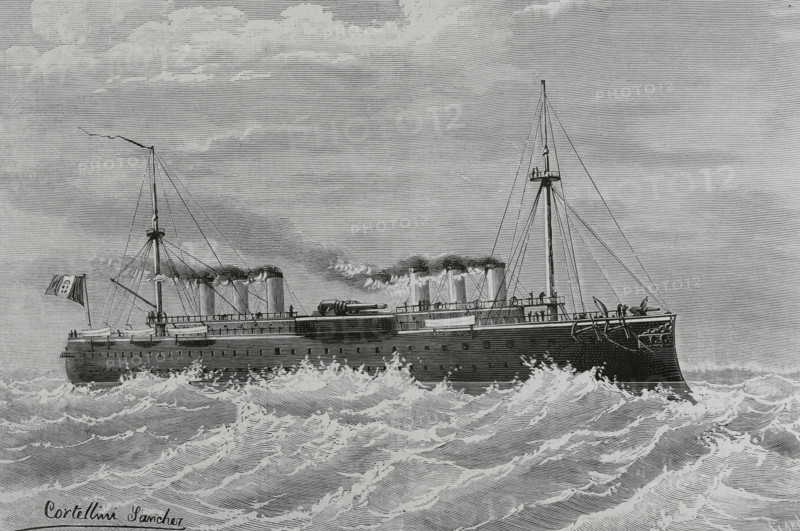 Regia Marina (Royal Italian Navy). ""Lepanto"". Ironclad battleship built for the Italian Regia Marina, the second and last ship of the Italia class. It was designed by Benedetto Brin (1833-1898) and built at the ""Cantiere navale fratelli Orlando"" (Orlando Brothers Shipyard), in Livorno (Italy). Lepanto was under construction for nearly eleven years. It was laid down on 4 November 1876, but its construction still took almost six and a half years to complete, being launched on 17 March 1883, two and a half years after its twin ""Italia"". Lepanto was not finally completed until four and a half years later, being completed on 16 August 1887. Armed with a main battery of four 432 mm (17 in) guns. It had capacity to transport a full infantry division. The illustration shows Lepanto with six funnels, although in reality it always had four. Probably it is due to a confusion of the author, inspired by original plans of the battleships of the Italia class. Drawing by Cortellini Sanchez. Engr...