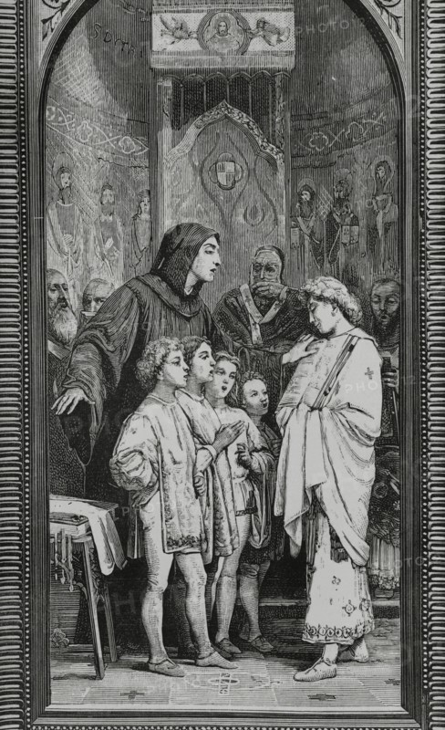Guido of Arezzo (ca. 990-ca. 1050). Italian Benedictine monk and music theorist. Monk Guido of Arezzo rehearsing in front of Pope John XIX (d. 1032). Engraving after a painting by the Italian painter Giuseppe Bertini (1825-1898). La Ilustracion Espanola y Americana (The Spanish and American Illustration), 1883.