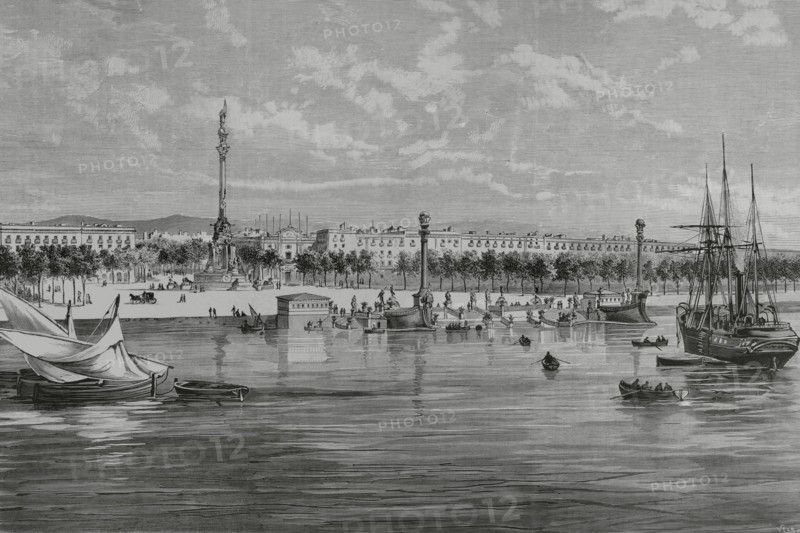 Barcelona, Catalonia, Spain. Improvements of the city. Monument to Christopher Columbus. Open national competition, convened in September 1881 by the Executive Central Commission of the monument. Perspective and preliminary project of honor landing stage and monument to Columbus, according to the project of the Catalan architect Cayetano Buigas Monrava (Gaietà Buïgas i Monravà) (1851-1919), awarded by the jury of the aforementioned competition. The pier is shown divided into three parts, a central one and two lateral ones; each of them advances, like a cutwater, shaped like the prow of a 15th century ship, recalling the Pinta and Nina caravels. Two large lampposts at the most advanced points of both abutments, a balustrade and four statues of celebrated people complete the preliminary project. Drawing by Riudavets. Engraving by Vela. La Ilustracion Espanola y Americana (The Spanish and American Illustration), 22 February 1883.