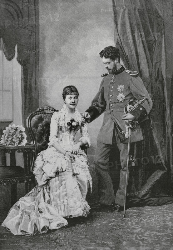Infanta Maria de la Paz of Spain (Maria de la Paz de Borbon) (1862-1946). Infanta of Spain. Princess of Bavaria by her marriage, on 2 April 1883, to her first cousin, Prince Ludwig Ferdinand of Bavaria (1859-1949). Infanta Maria de la Paz and her future husband, the Prince of Bavaria. Engraving by Arturo Carretero (1852-1903). La Ilustracion Espanola y Americana (The Spanish and American Illustration), 22 February 1883.