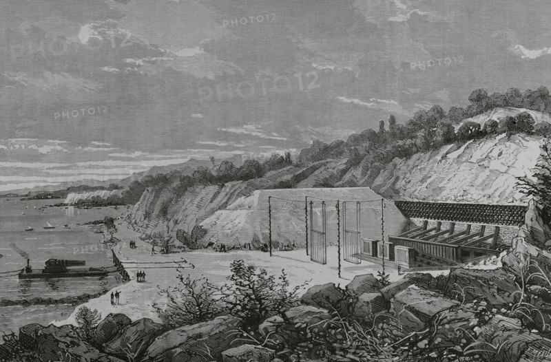 Italy. Muggiano Polygon (La Spezia). Comparative tests on 48-centimeter thick armor sheets, carried out by the Italian Navy during November and December 1882, using a 100-ton gun. The purpose was the choice of the appropriate armor for their warships. Engraving by F. Meaulle. La Ilustracion Espanola y Americana (The Spanish and American Illustration), 1883.