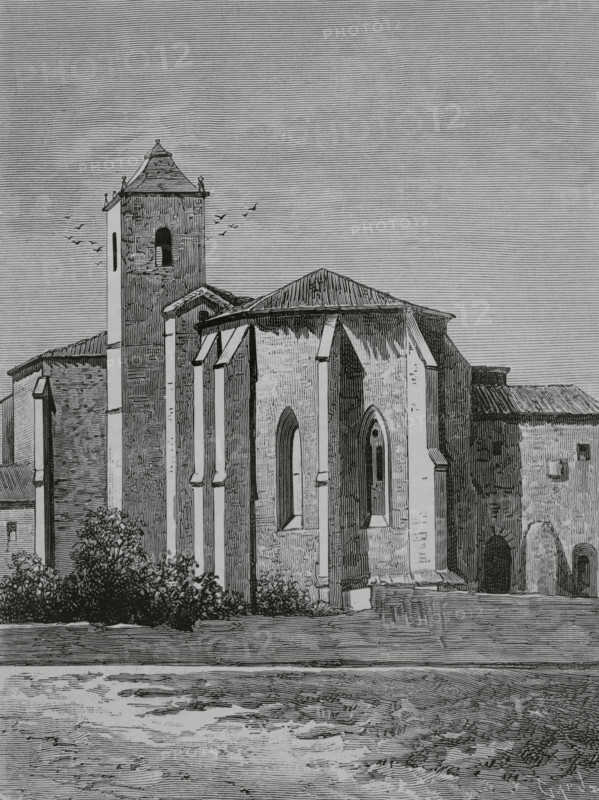 Spain, Burgos province, Castrillo del Val. Monastery of San Pedro de Cardena. Founded by the Benedictine friars. Exterior view of the apse. Engraving by Capuz. La Ilustracion Espanola y Americana (The Spanish and American Illustration), 1883.