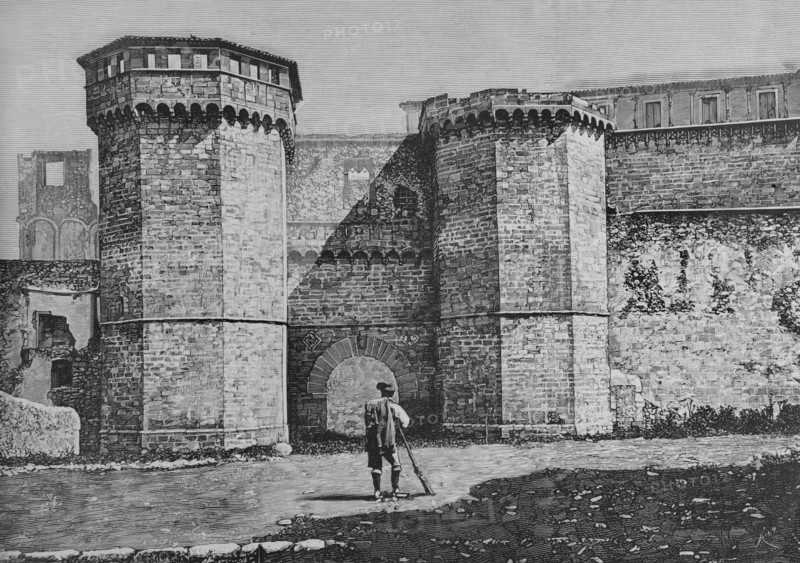 Spain, Catalonia, Tarragona province, Vimbodi. Royal Monastery of Santa Maria de Poblet. Royal Gate. Engraving by Rico. La Ilustracion Espanola y Americana (The Spanish and American Illustration), 1883.