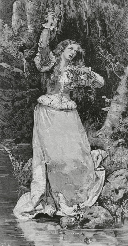 Ophelia. Fictitious character from the play ""Hamlet"" by William Shakespeare (1564-1616). Engraving after a painting by Tomas Munoz Lucena (1840-1943), 1882. La Ilustracion Espanola y Americana (The Spanish and American Illustration), 1883.