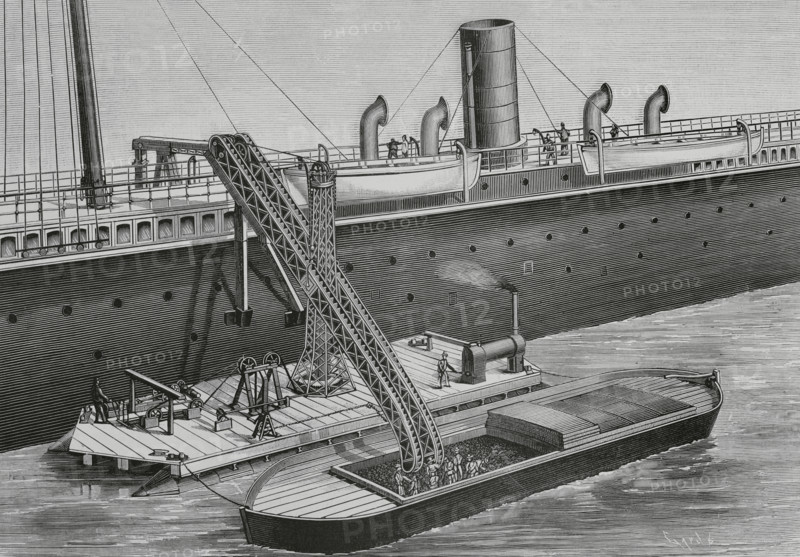 Floating coal elevator. Designed and constructed by James Rigg, a British engineer from Chester. It consists of a wide platform on two floating cylinders, which supports a steam engine that generates the necessary movement to the chains and pulleys. In the center, a tower serves as a regulator and mechanical balance. The elevator extends from the deck of the ship to the pontoon by means of the aforementioned tower. Moving buckets, driven by the steam engine, pick up the cargo from the pontoon and throw it, after being automatically weighed, into the ship's coal compartments or warehouses. Engraving by Tomas Carlos Capuz (1834-1899). La Ilustracion Espanola y Americana (The Spanish and American Illustration), 15 January 1883.