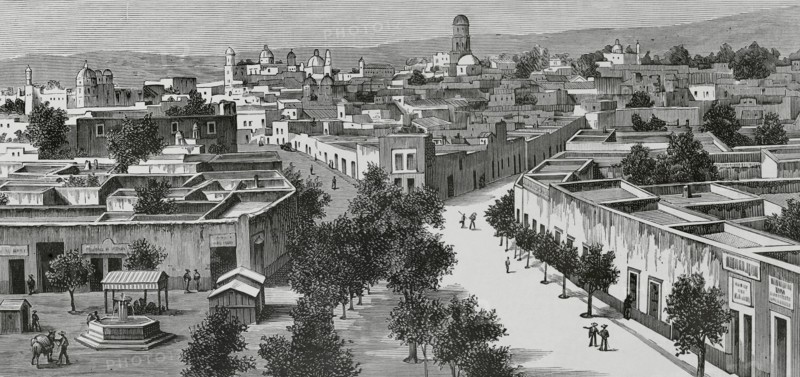 Queretaro, Mexico. Panoramic view of the city. Drawing by Nao. Engraving. La Ilustracion Espanola y Americana (The Spanish and American Illustration), 1883.