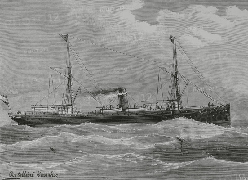 Marina Mercante espanola (Spanish Merchant Navy). The new steamer “Manuel L. Villaverde”, built for the Compania Trasatlantica at Lobnitz & Co. shipyard in Renfrew (Scotland) and laid down in 1882. It was designed for navigation in the West Indian seas. It covered the commercial line of the Gulf of Mexico. After the war of 1898 it covered the Spanish Guinea line. In 1921 it ran aground and sank during a return journey to Spain, near the Ivory Coast. Drawing by Cortellini Sanchez. Engraving by Vela. La Ilustracion Espanola y Americana (The Spanish and American Illustration), 8 March 1883.