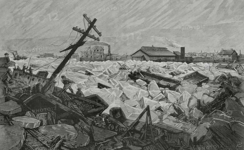 United States. State of Pennsylvania. Floods in Pennsylvania, February 2 and 3, 1883. A violent snowstorm developed into torrential rains, causing the ice mountains flanking the banks of the Alleghany River, extending eight miles to Pittsburgh, to break up. Ice floes, large in size, were swept down the river. Invasion of Herr's Island (Pitssburgh) by water and ice floes from the Alleghany River. Engraving by Bernardo Rico (1825-1894). La Ilustracion Espanola y Americana (The Spanish and American Illustration), 8 March 1883.