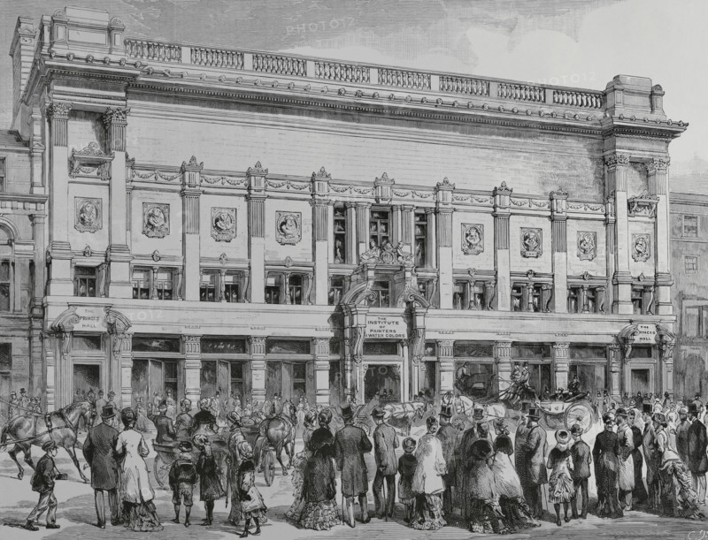 London, England. Building of The Institute of Painters in Water Colors, built in Piccadilly by the architect Edward Robert Robson (1836-1917). It was opened on the occasion of the first International Exhibition of Watercolors held in April 1883. Engraving. La Ilustracion Espanola y Americana (The Spanish and American Illustration), 1883.