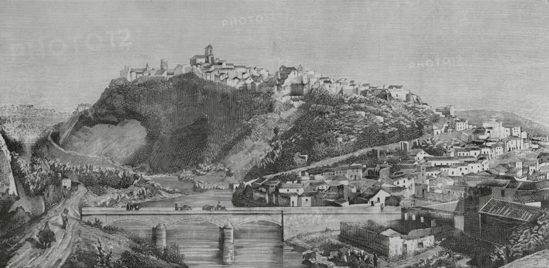 Arcos de la Frontera, Andalusia, Spain. Panoramic view. Engraving. Engraving. La Ilustracion Espanola y Americana (The Spanish and American Illustration), 1883.