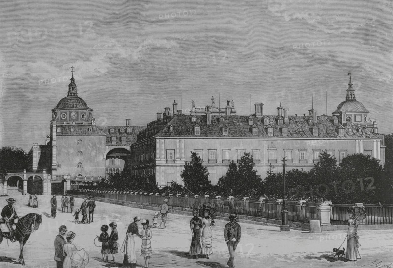 Aranjuez, Spain. The Royal Palace. Exterior view. Drawing by Juan Comba. Engraving. La Ilustracion Espanola y Americana (The Spanish and American Illustration), 1883.