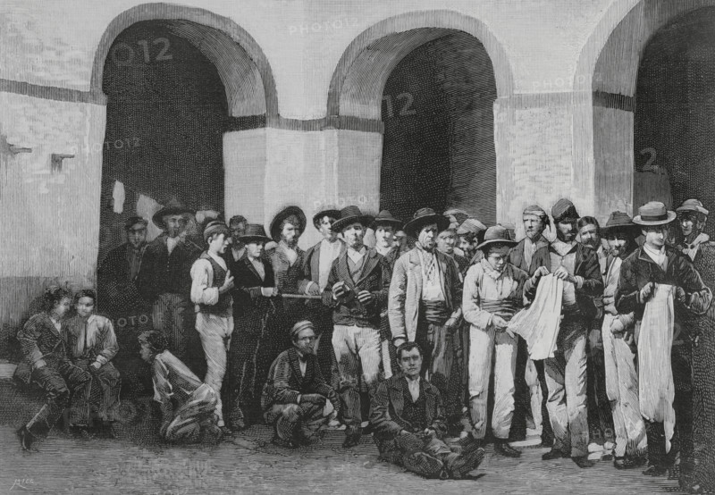 Jerez de la Frontera, province of Cadiz, Andalusia, Spain. Jerez jail. Group of prisoners accused of complicity in the crimes perpetrated by the anarchist and secret organization called “La Mano Negra” (The Black Hand). This criminal gang acted in Andalusia in 1882 and 1883, amidst class struggle in the Andalusian countryside. Engraving by Bernardo Rico (1825-1894). La Ilustracion Espanola y Americana (The Spanish and American Illustration), 22 March 1883.