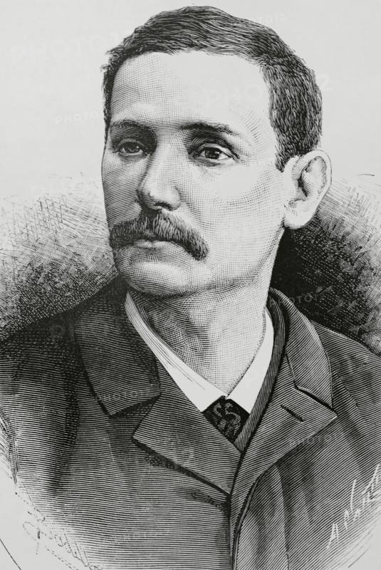 Benito Perez Galdos (1843-1920). Spanish novelist, playwright, chronicler and politician. Portrait. Drawing by Badillo. Engraving by Arturo Carretero (1852-1903). La Ilustracion Espanola y Americana (The Spanish and American Illustration), 1883.