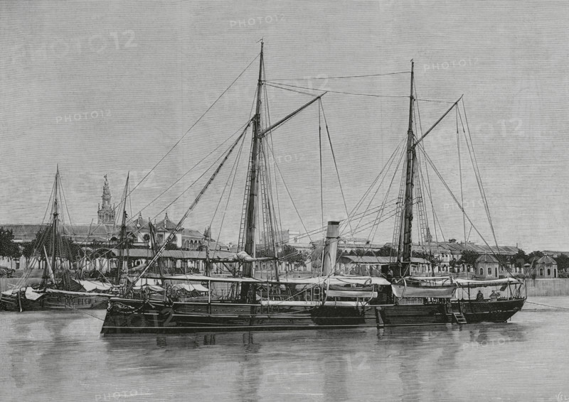 Spanish Navy. Gunboat “Eulalia”, iron-hulled, ""Pilar"" class. It was built in the shipyard of El Ferrol. Armed with a 120 mm. Hontoria gun and a 25 mm. machine gun. The warship was laid down on 23 January 1882, being delivered to the Navy by Queen Isabella II in Seville, in a ceremony that took place on January 1883. After the handover, the new gunboat was officially tested in the Guadalquivir River. The gunboat “Eulalia” anchored in the port of Seville, Andalusia. Engraving by Vela. La Ilustracion Espanola y Americana (The Spanish and American Illustration), 30 March 1883.
