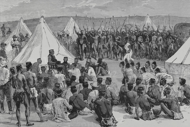 Cetshwayo (Cetshwayo kaMpande) (c. 1826-1884). King of the Zulus (1872-1879). Restoration of King Cetewayo. Return of the king to his former territories after his captivity in England, following his capture by the British at the Battle of Ulundi (July 4, 1879), and his subsequent exile to Cape Town. In July 1882, Cetewayo was authorized to travel to the United Kingdom to seek support from British politicians for the restoration of the Zulu monarchy. Queen Victoria allowed him to return to Ulundi in January 1883, to rule a part of his former kingdom, without being able to have an army and with the obligation to cede part of his territory to another Zulu. The day after the installation of Cetewayo in Intonyanene, about fifteen miles from Ulundi, numerous deputations of the interior of the kingdom appeared in the camp, for the accomplishment of the ceremony that the natives called Indaba. It was the recognition and congratulation as loyal subjects. Cetshwayo, dressed in British style and ...