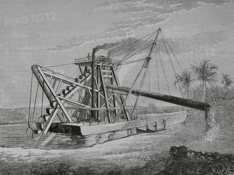 Colon (former Aspinwall, United States of Colombia), Panama. Dredge “Hercules”, used in the works for the opening of the Panama Canal. Made in Philadelphia (United States), it was transported to the site of the works at the end of March 1883. Engraving by Tomas Carlos Capuz (1834-1899). La Ilustracion Espanola y Americana (The Spanish and American Illustration), 1883.