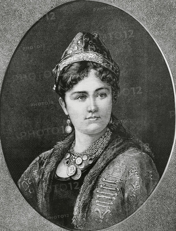 Emina Ilhamy (1858-1931), also Amina Ilhami. Egyptian princess and a member of the Muhammad Ali Dynasty. Khedive consort of Egypt (25 June 1879 to 7 January 1892), as the wife of Tewfik Pasha (1852-1892). Portrait. Engraving. La Ilustracion Espanola y Americana (The Spanish and American Illustration), 1883.