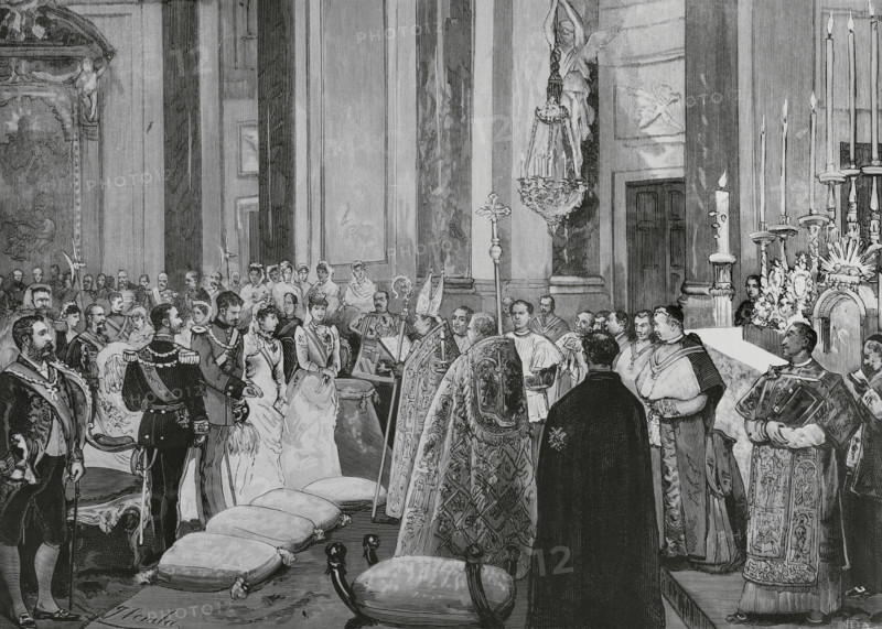 Infanta Maria de la Paz of Spain (Maria de la Paz de Borbon) (1862-1946). Infanta of Spain. Princess of Bavaria by her marriage, on 2 April 1883, to her first cousin, Prince Ludwig Ferdinand of Bavaria (1859-1949). Wedding celebrated at the Royal Palace of Madrid. Ceremony of the nuptial blessing in the Royal Chapel. In the presbytery, the kings, Alfonso XII (godfather) and Maria Christina (godmother). Drawing from life by Juan Comba. Engraving by Vela. La Ilustracion Espanola y Americana (The Spanish and American Illustration), 15 April 1883.