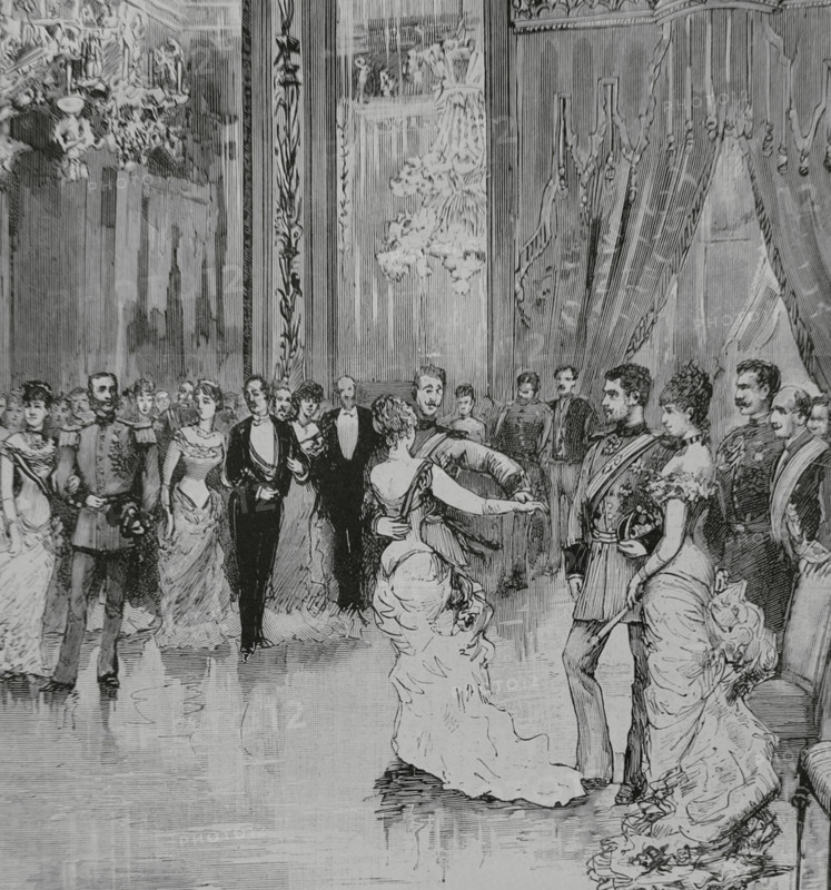 Infanta Maria de la Paz of Spain (Maria de la Paz de Borbon) (1862-1946). Infanta of Spain. Princess of Bavaria by her marriage, on 2 April 1883, to her first cousin, Prince Ludwig Ferdinand of Bavaria (1859-1949). Wedding celebrated at the Royal Palace of Madrid. Dance in honor of the august newlyweds. The first waltz in the Hall of Mirrors. Drawing by Juan Comba. Engraving. La Ilustracion Espanola y Americana (The Spanish and American Illustration), 15 April 1883.