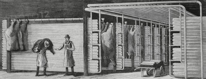 Application of cold to industry. Raoul Pictect system. Cool rom for meat. Chicago (United States). Engraving. La Ilustracion Espanola y Americana (The Spanish and American Illustration), 1883.