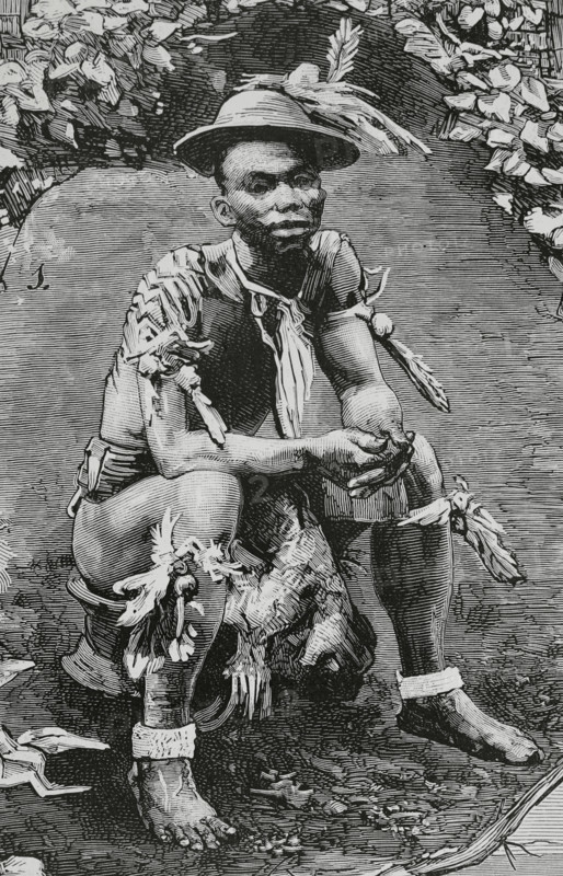 Spanish Guinea. Territory controlled by Spain since 1778 in the Gulf of Guinea. It gained independence in 1968. The new country was named Equatorial Guinea. Fernando Poo Island (today Bioko Island). Spanish province of the Gulf of Guinea. Siova-Biahome, chieftain of Musola (Boloko, South Bioko, Bioko Island). Drawing by E. Alvarez Dumont. Engraving by Capuz. La Ilustracion Espanola y Americana (The Spanish and American Illustration), 1883.