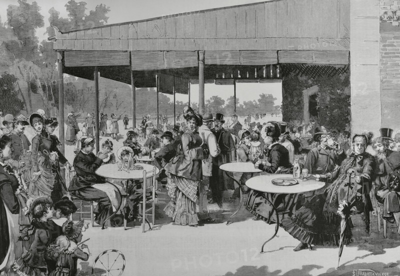 Madrid, Spain. Scene at Retiro Park, featuring elegantly dressed people enjoying the afternoon. Drawing by Samuel Urrabieta Vierge. Engraving by Rico. La Ilustracion Espanola y Americana (The Spanish and American Illustration), 1883.