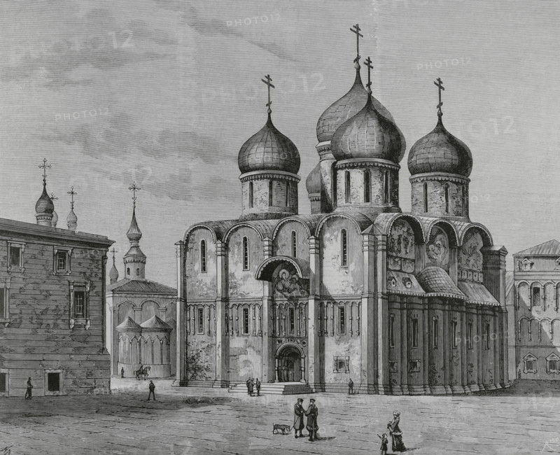 Moscow, Russia. Cathedral of the Dormition, also called Cathedral of the Assumption. It was built between 1475 and 1479 within the precincts of the Kremlin, on Cathedral Square. General exterior view. Engraving by Bernardo Rico (1825-1894). La Ilustracion Espanola y Americana (The Spanish and American Illustration), 1883.