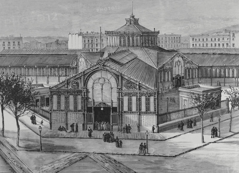 Barcelona, Catalonia, Spain. Exterior view of the new San Antonio Market (Mercat de Sant Antoni). The building was inaugurated on September 24, 1882, having been designed by architect Antoni Rovira i Trias (1816-1889) and built by La Maquinista Terrestre y Maritima. Engraving by Vela. La Ilustracion Espanola y Americana (The Spanish and American Illustration), 1883.