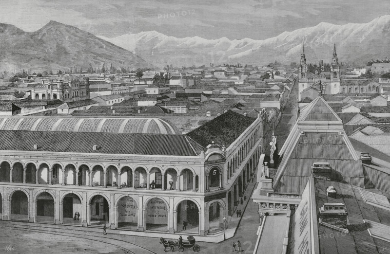 Santiago (Santiago de Chile), Chile. Partial view of the city and the nearby hills. 1: hill called “Las Condes”, 2: San Cristobal Hill, 3: La Merced Church, on Merced street, 4: Urmeneta Palace, on Monjitas Street, 5: Portal Mac Clure, at the Plaza de Armas (Main Square). Engraving by Bernardo Rico (1825-1894). La Ilustracion Espanola y Americana (The Spanish and American Illustration), 1883.