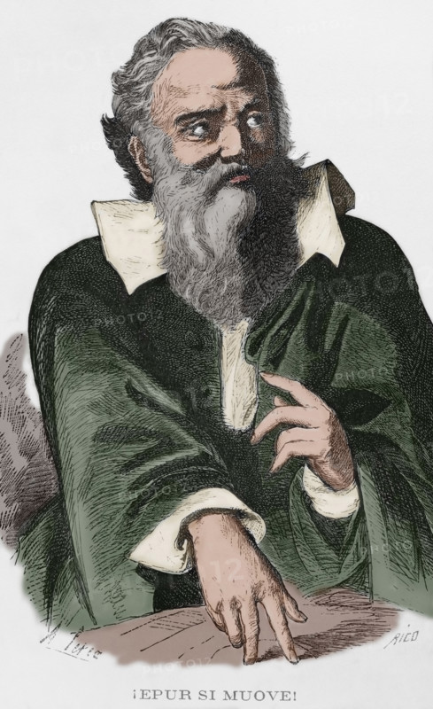 Galileo Galilei (1564-1642). Italian astronomer, mathematician and physicist. ""E pur si Muove"" (And yet it moves or It moves, nevertheless). Famous phrase he pronounced after abjuring the heliocentric view before the Holy Office. Portrait. Engraving by Rico. Later colouration. Cronica General de Espana, Historia Ilustrada y Descriptiva de sus Provincias. Castilla-La Nueva, 1869.