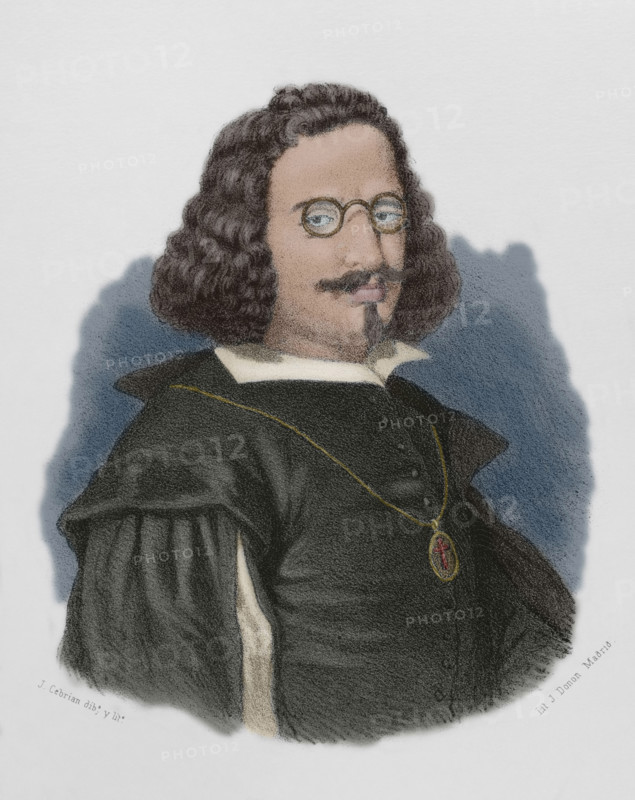 Francisco de Quevedo (1580-1645). Spanish writer of the Spanish Golden Age. Portrait. Drawing by J. Cebrian. Lithography. Later colouration. Cronica General de Espana, Historia Ilustrada y Descriptiva de sus Provincias. Castilla-La Nueva, 1869.