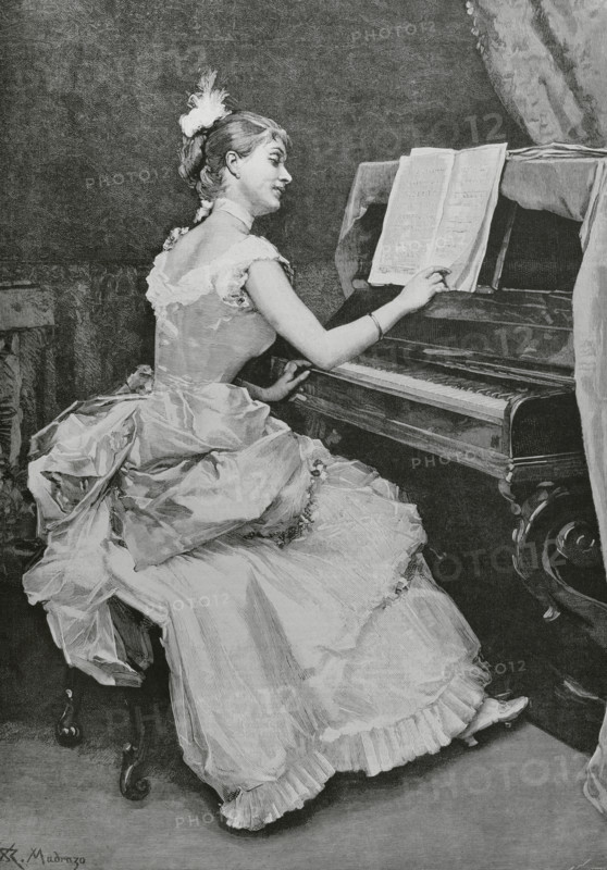 ‘Nocturne. Engraving by Arturo Carretero (1852-1903) after a painting by Raimundo de Madrazo (1841-1920). The image depicts a young woman preparing to perform an instrumental piece known as ‘nocturne’. The Spanish and American Illustration (La Ilustracion Espanola y Americana), 1884.