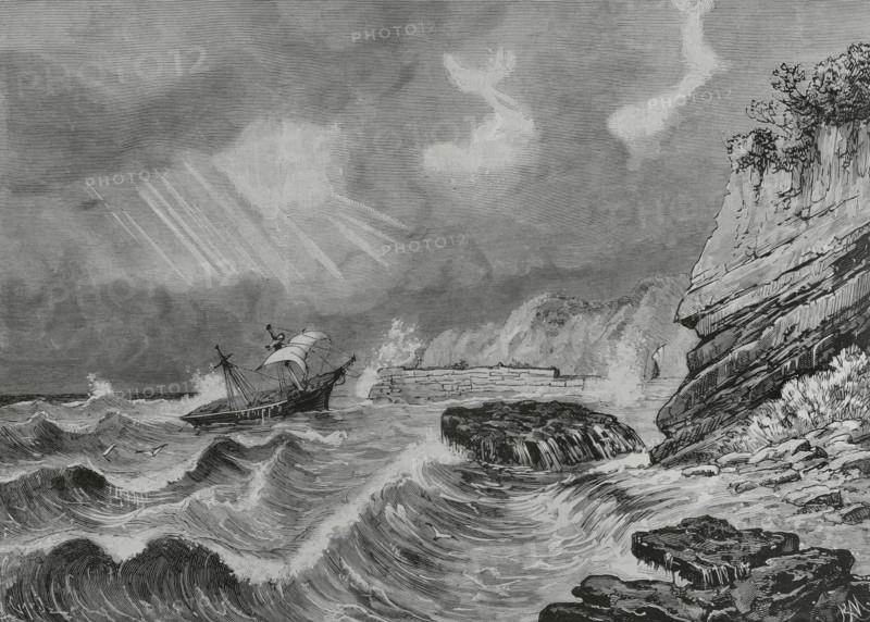 Port of Laredo (Cantabria, Spain). Engraving by Capuz from an 1883 painting by Rafael Monleon y Torres (1843-1900). The Spanish and American Illustration (La Ilustracion Espanola y Americana), 1884.